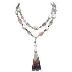 Marina J Multicolor Gems Pearls White Gold Sautoir Necklace and Tassel