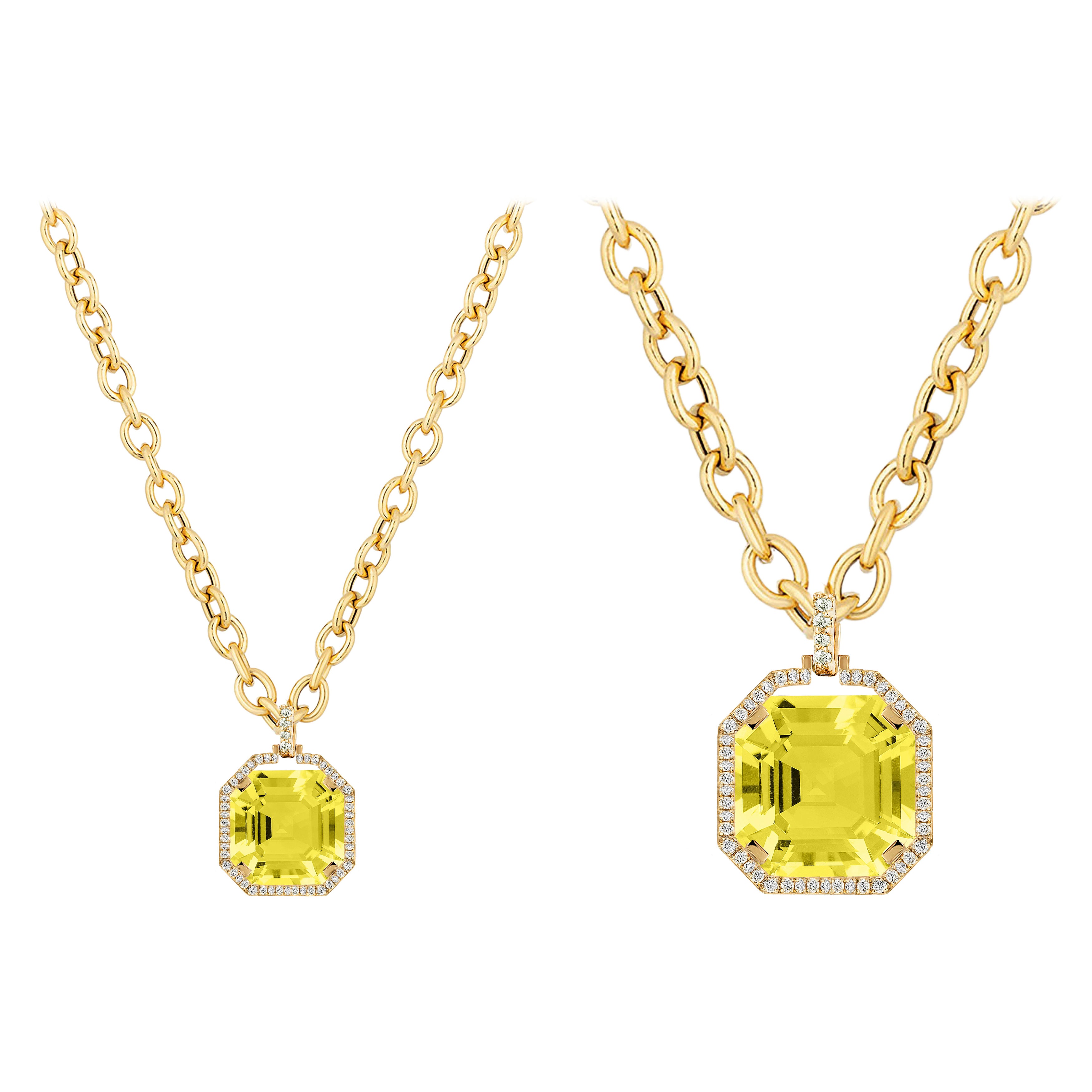 Lemon Quartz Asscher Cut Pendant With Diamonds In 18K Yellow Gold