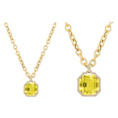 Lemon Quartz Asscher Cut Pendant With Diamonds In 18K Yellow Gold