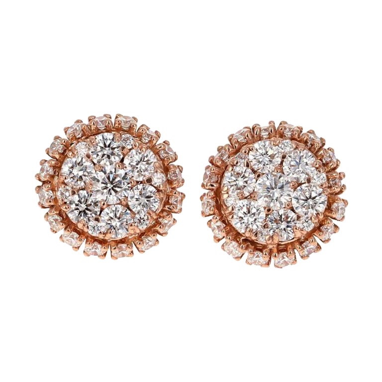 2.15 Carat Round Cut Diamond 14 Karat Rose Gold Cluster Earrings en vente