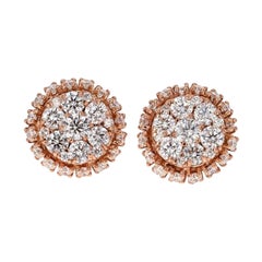2.15 Carat Round Cut Diamond 14 Karat Rose Gold Cluster Stud Earrings