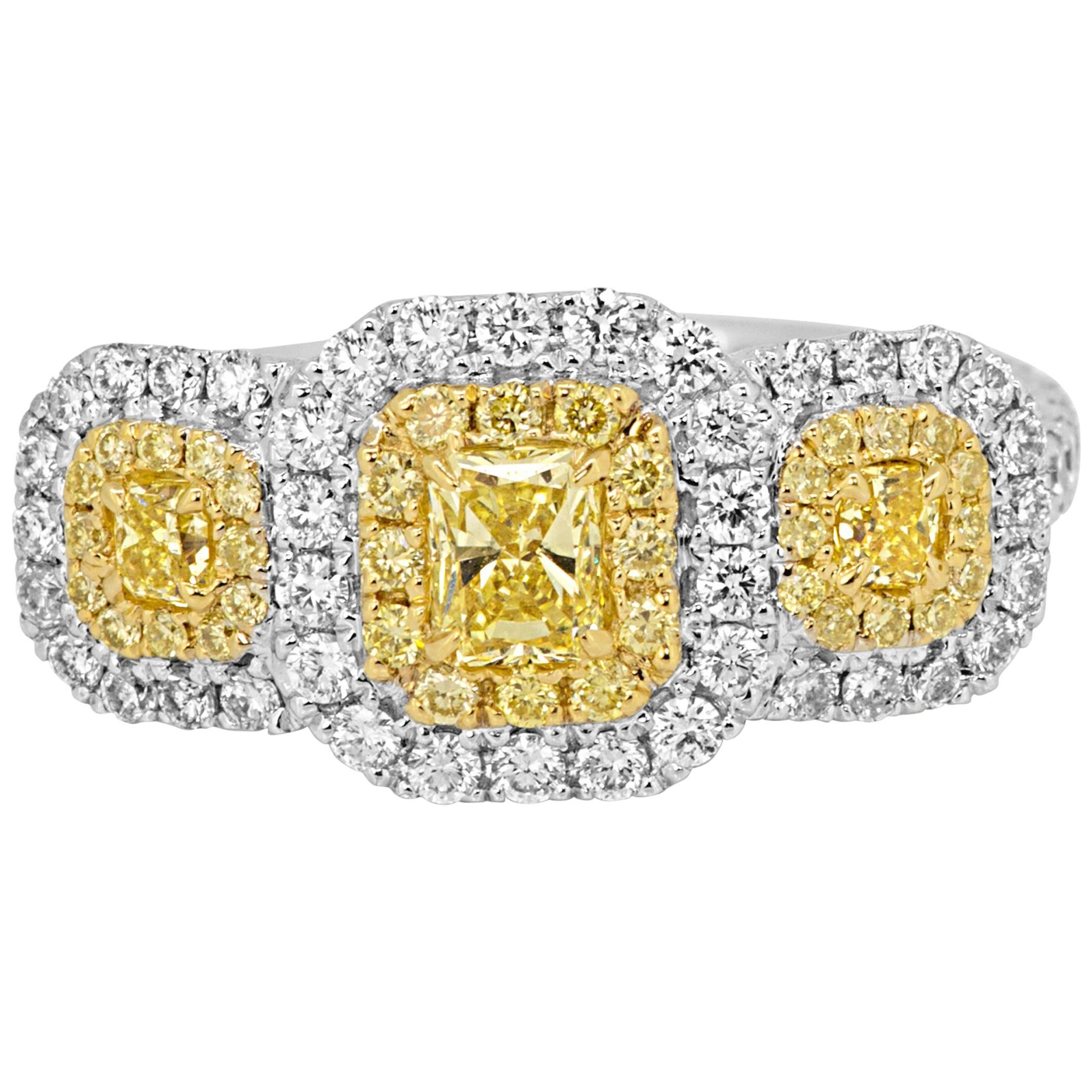 Natural Fancy Yellow White Diamond Double Halo Two Color Gold Ring