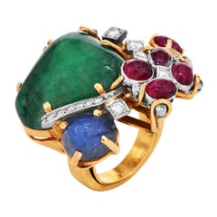 Seaman Schepps 18K Yellow Gold Cabochon Ruby, Emerald, Sapphire & Diamond Ring