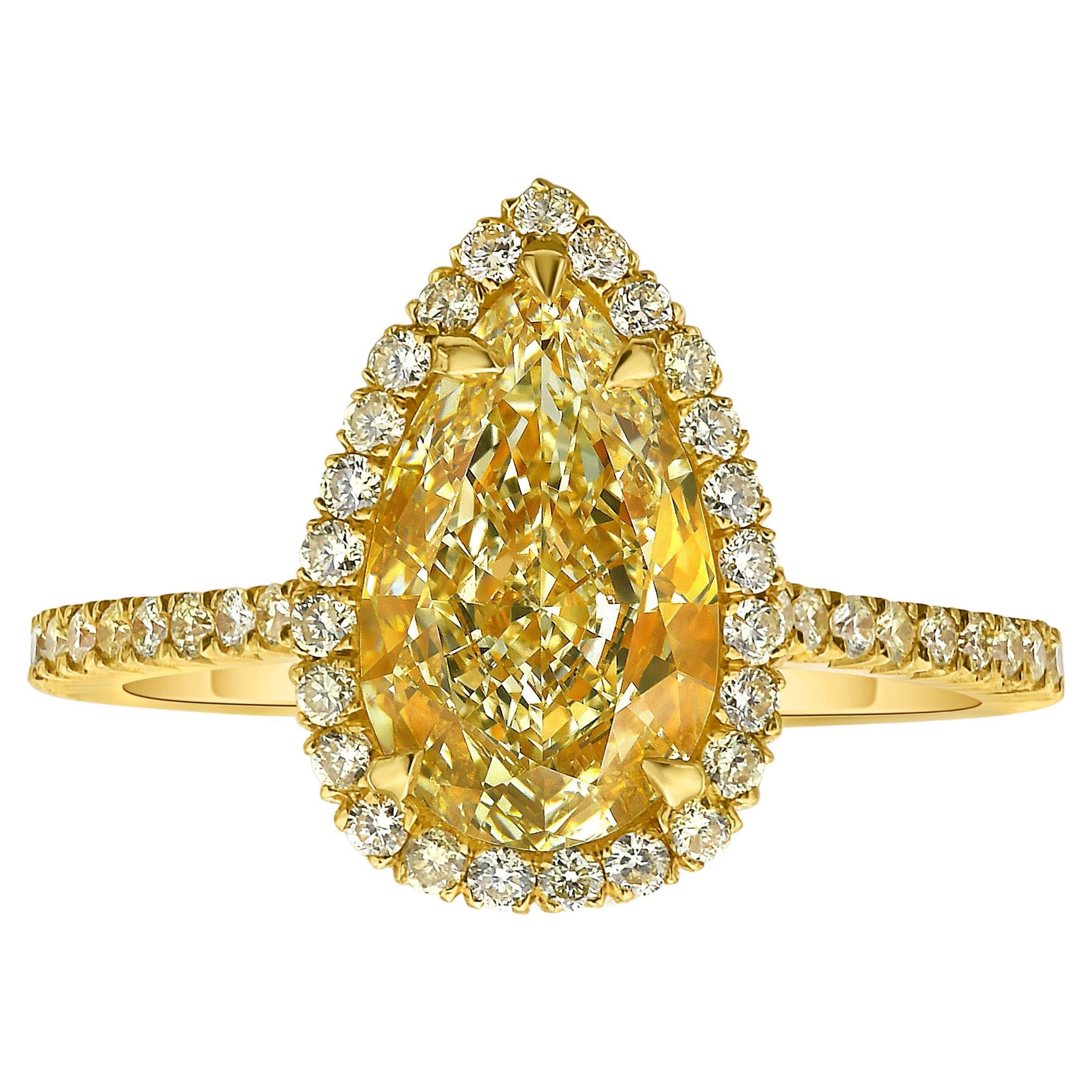 Rare Colors - 2 Carat  Pear Shape Yellow Diamond Halo Ring For Sale