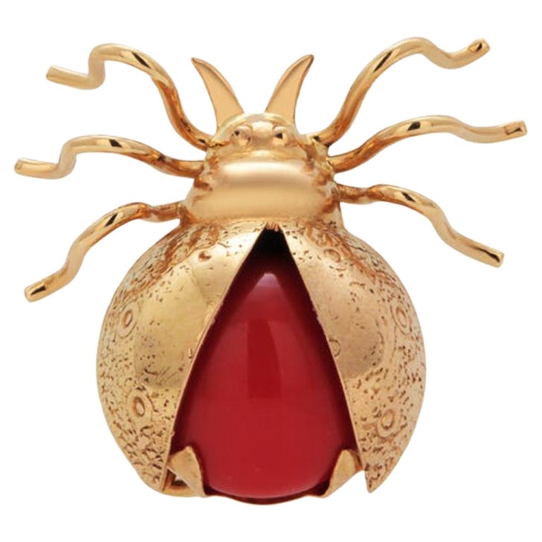 Broche coccinelle en or jaune 18 carats Vintage en pierres dures rouges