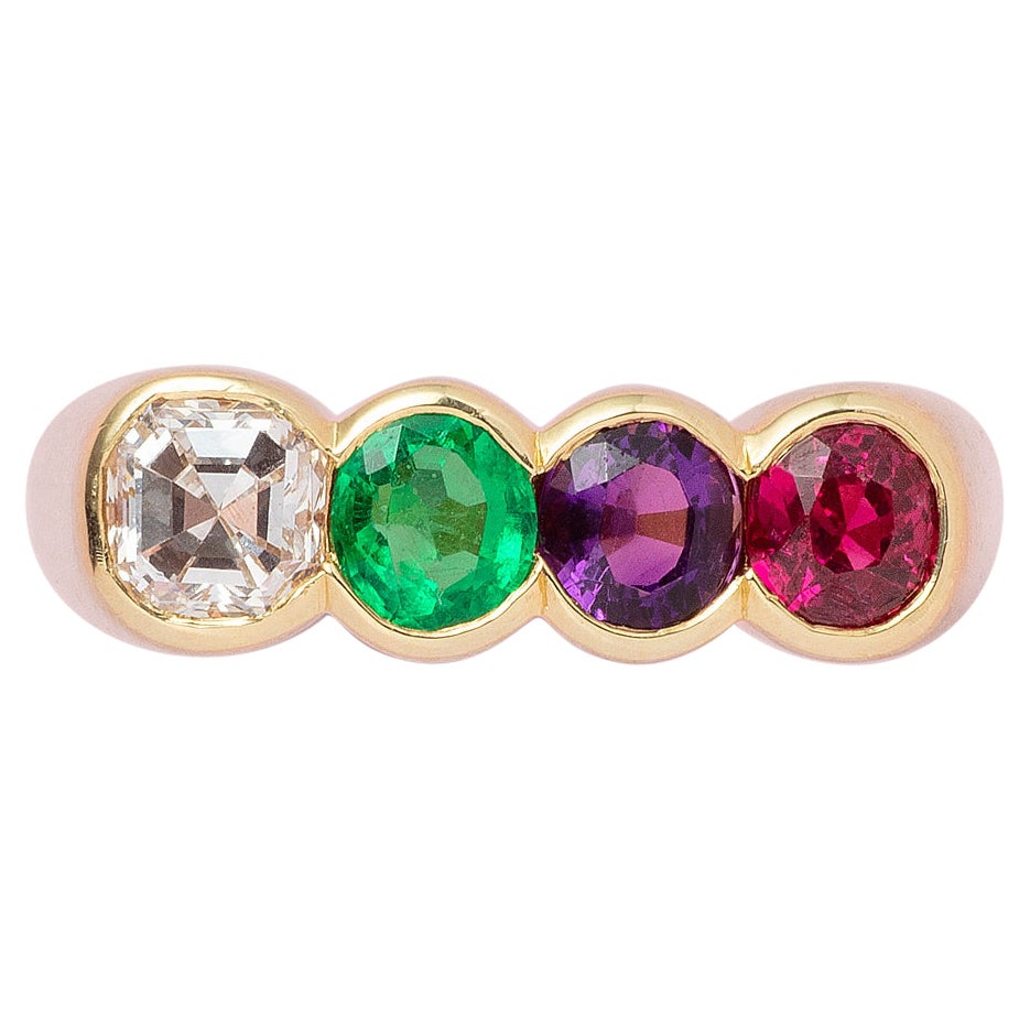 Anello Acrostico in oro 18k con diamante, smeraldo, ametista e rubino in vendita