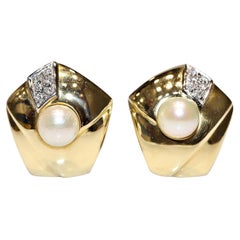 Pendiente Vintage Circa 1980s Oro 18k natural Decorado con Diamantes y Perlas