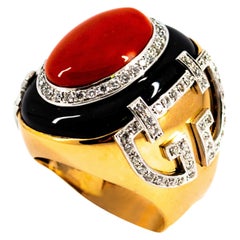 Anillo de Cóctel Art Decó Mediterráneo Coral Rojo Diamante Blanco Ónix Oro Amarillo