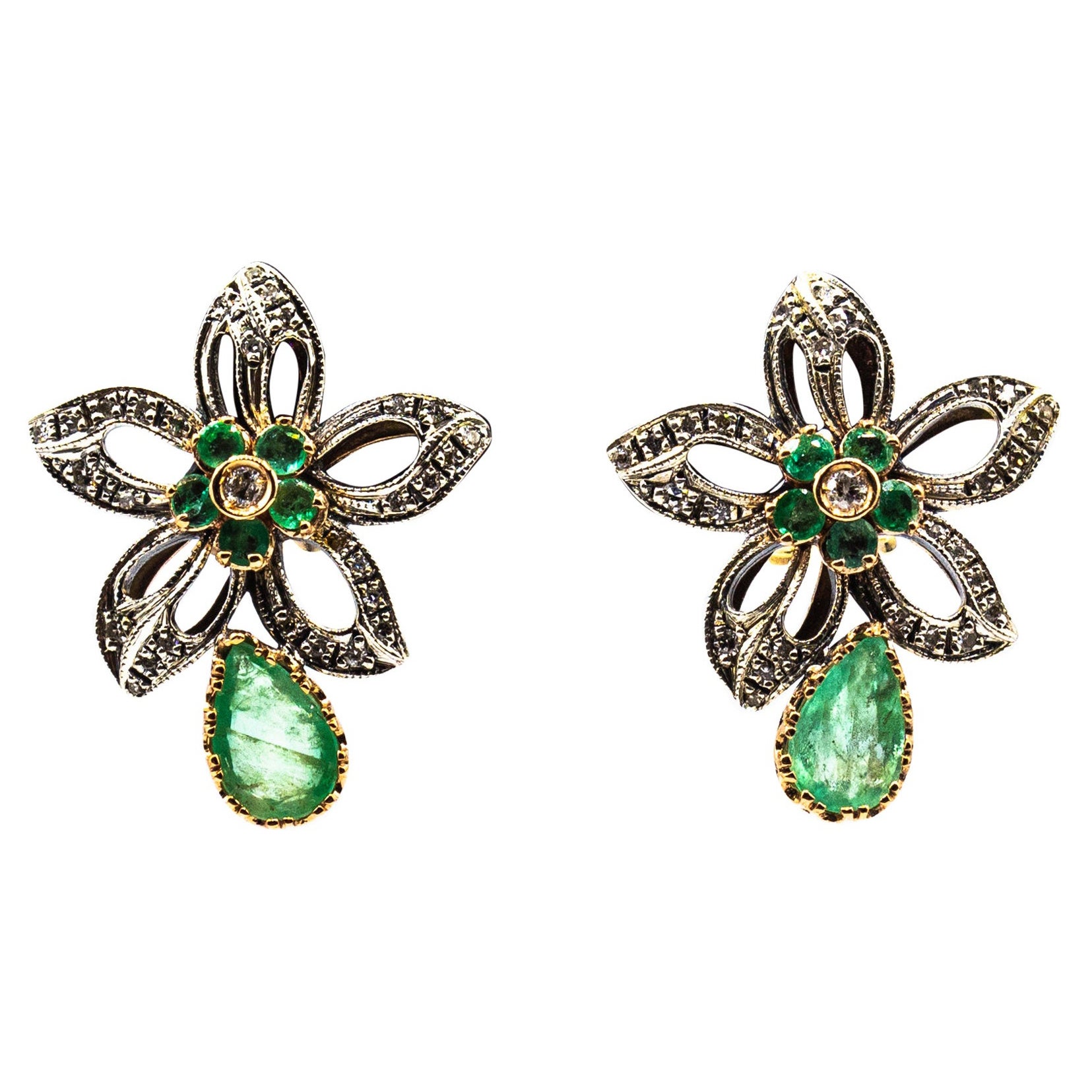 Art Nouveau Style White Diamond Pear Cut Emerald Yellow Gold Clip-On Earrings For Sale