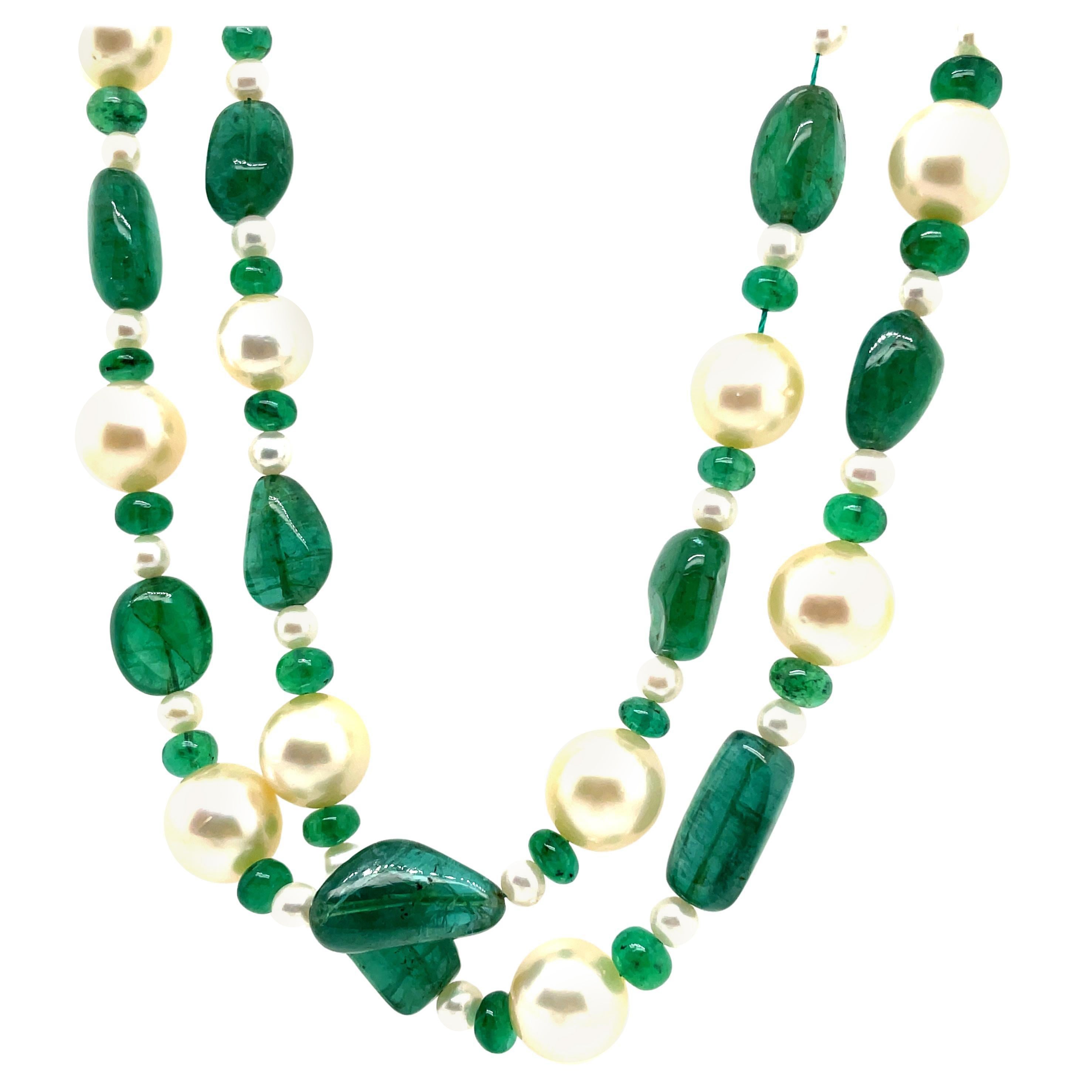 Collana con perline di smeraldo 188,95 e perle dei mari del sud con chiusura in oro bianco 18k