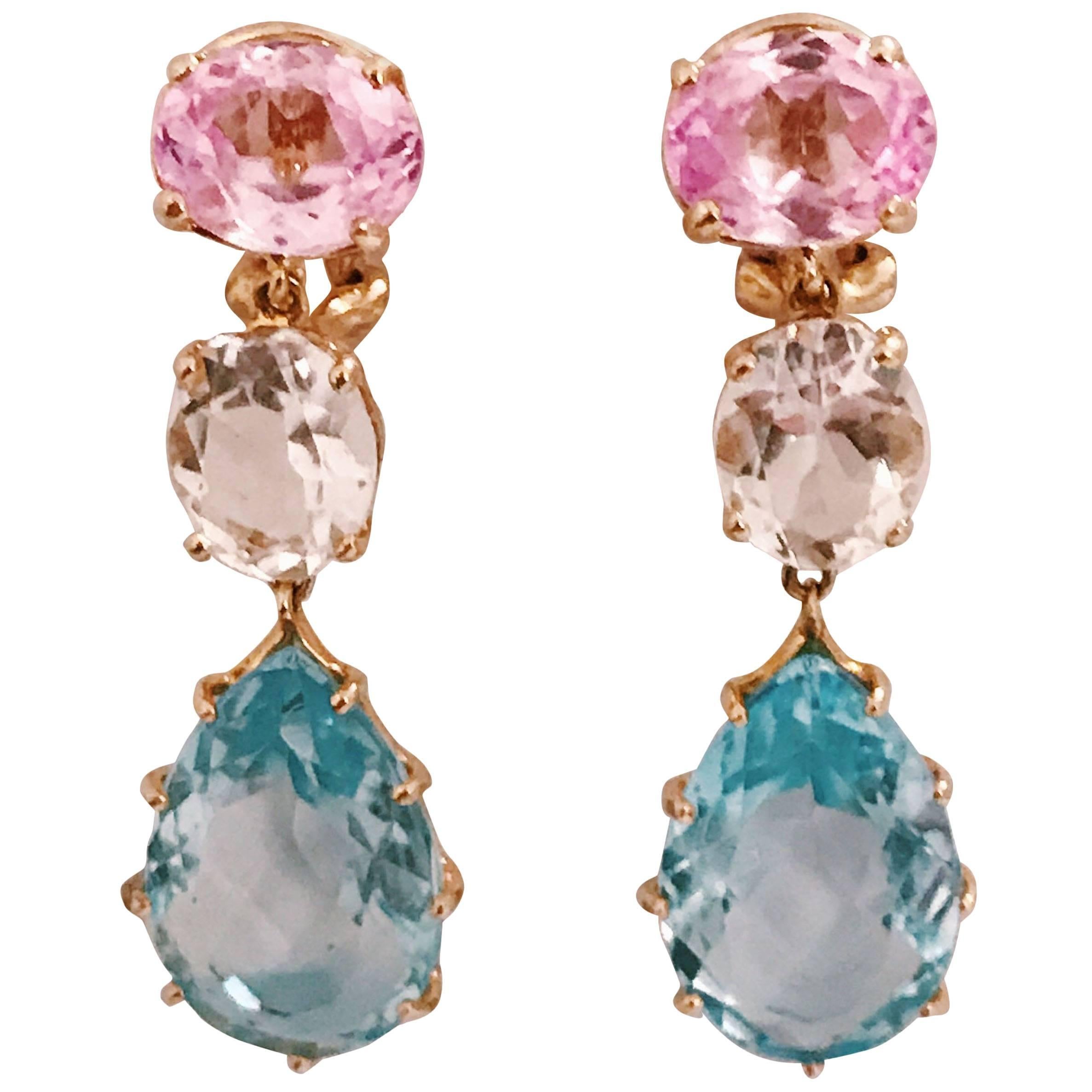 Pink Topaz Rock Crystal Blue Topaz Yellow Gold Three Stone Drop Earrings For Sale