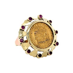 Vintage 14K Rose and Yellow Gold Coin Ring with Ruby Halo