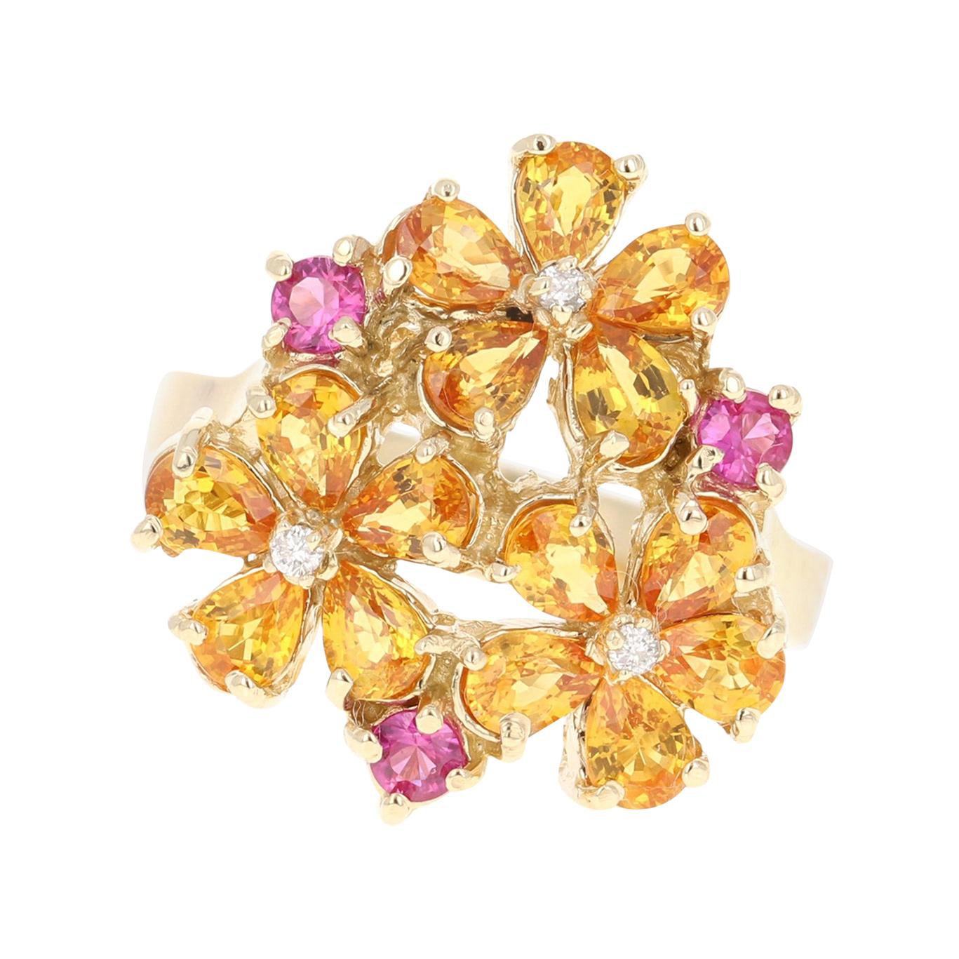 Sapphire Diamond Yellow Gold Floret Design Cocktail Ring For Sale