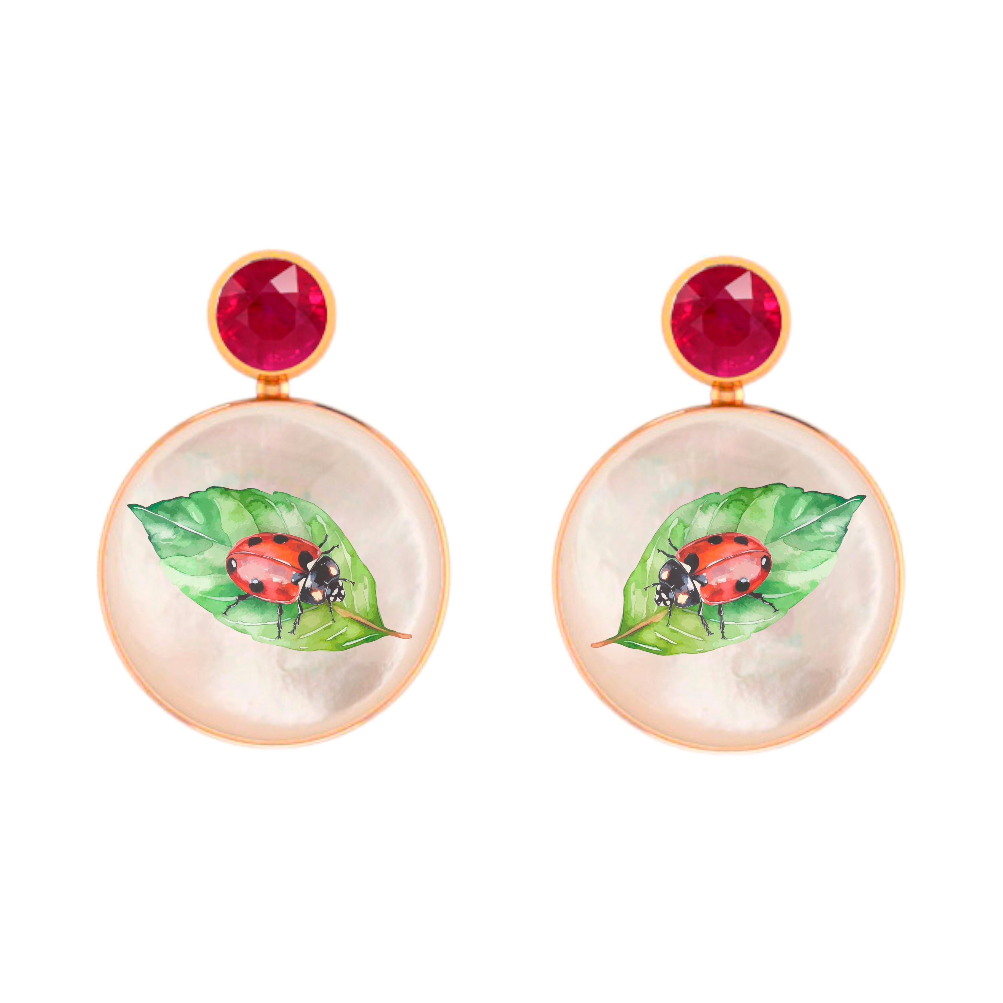 Ruby, ladybug on leaf painting, Mother of pearl earrings studs.