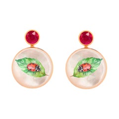 Ruby, ladybug on leaf painting, Mother of pearl earrings studs.