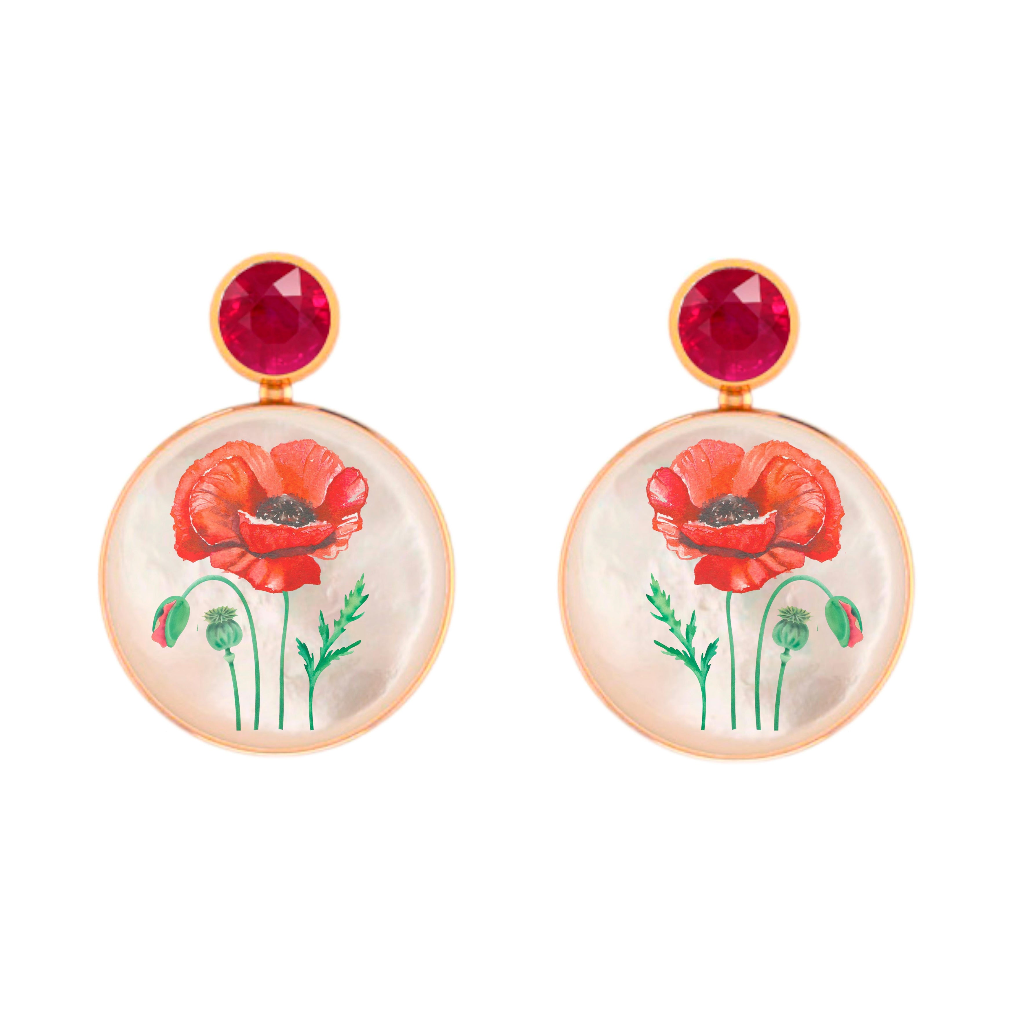 Ruby, red poppy flower painting, Mother of pearl earrings studs. For Sale