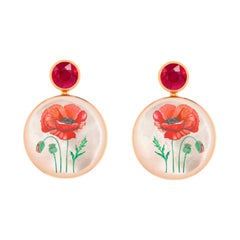 Ruby, red poppy flower painting, Mother of pearl earrings studs.
