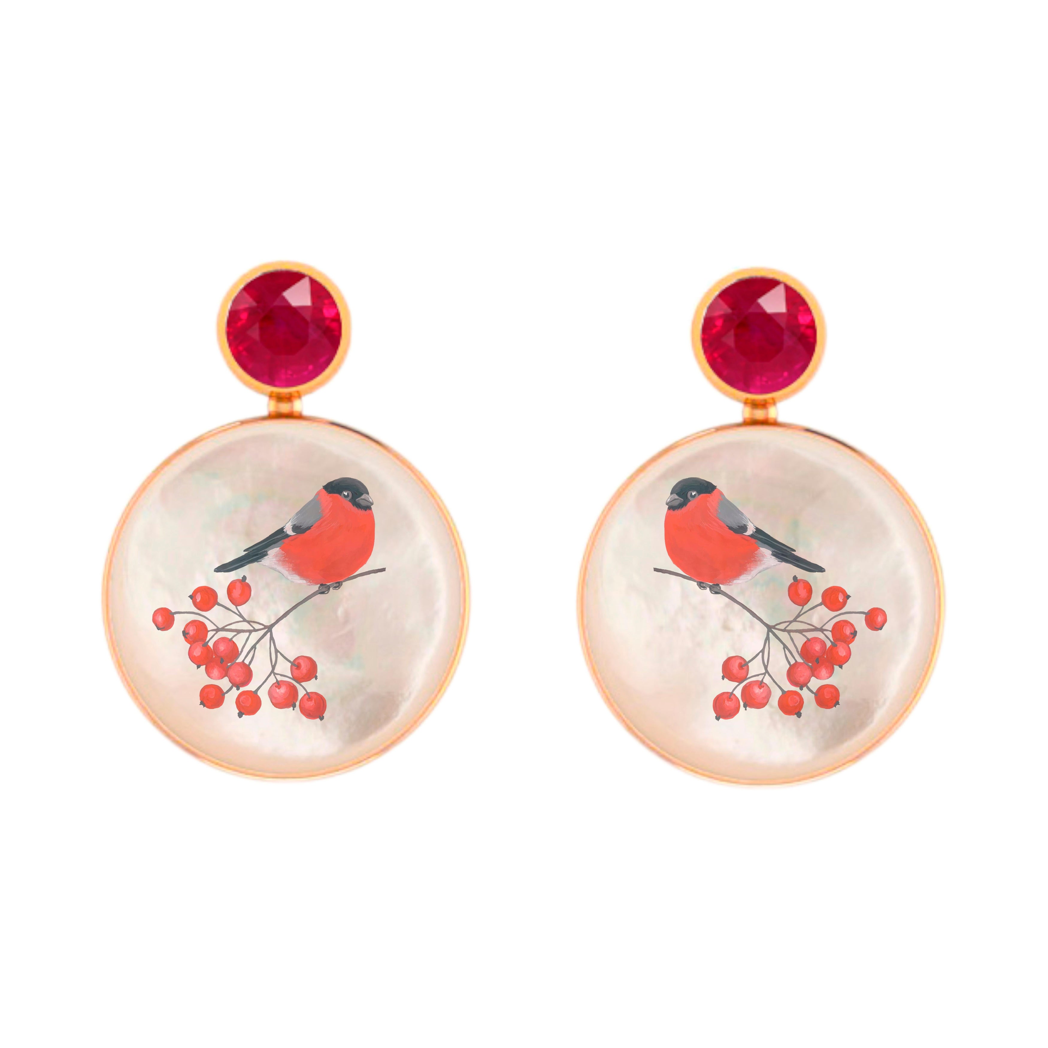 Ruby, bullfinch on branch painting, Mother of pearl earrings studs.
