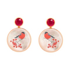 Ruby, bullfinch on branch painting, Mother of pearl earrings studs.