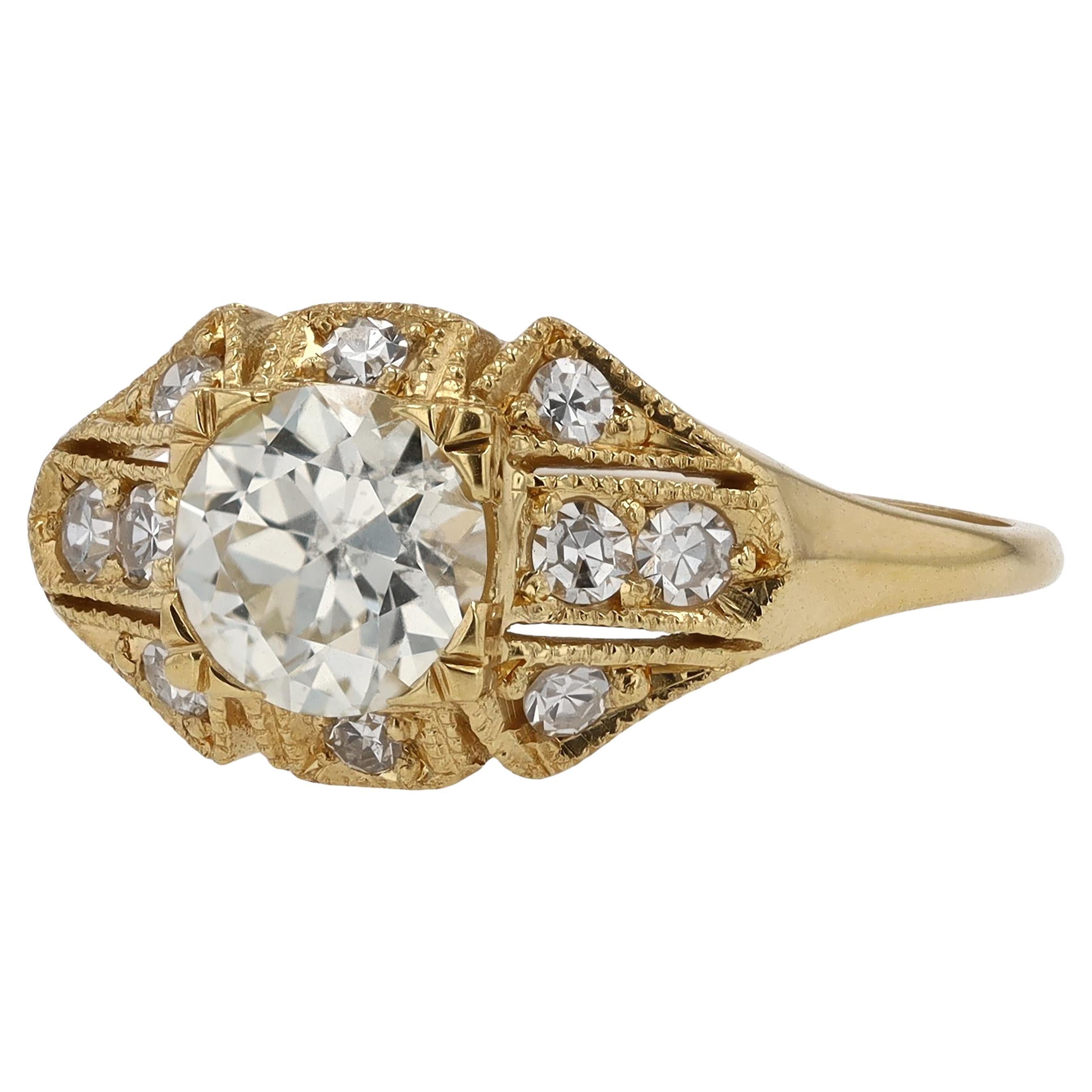 Anello di fidanzamento Art Deco con diamante vecchio taglio europeo da 1 carato in vendita