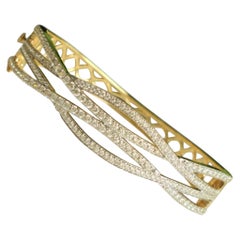 Wavy Criss Cross Diamond Bangle Bracelet in 14K Solid Gold (Certified)
