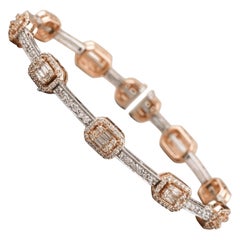 Emerald Cut Halo Diamond Bangle Bracelet in 14k Solid Gold (Certified)