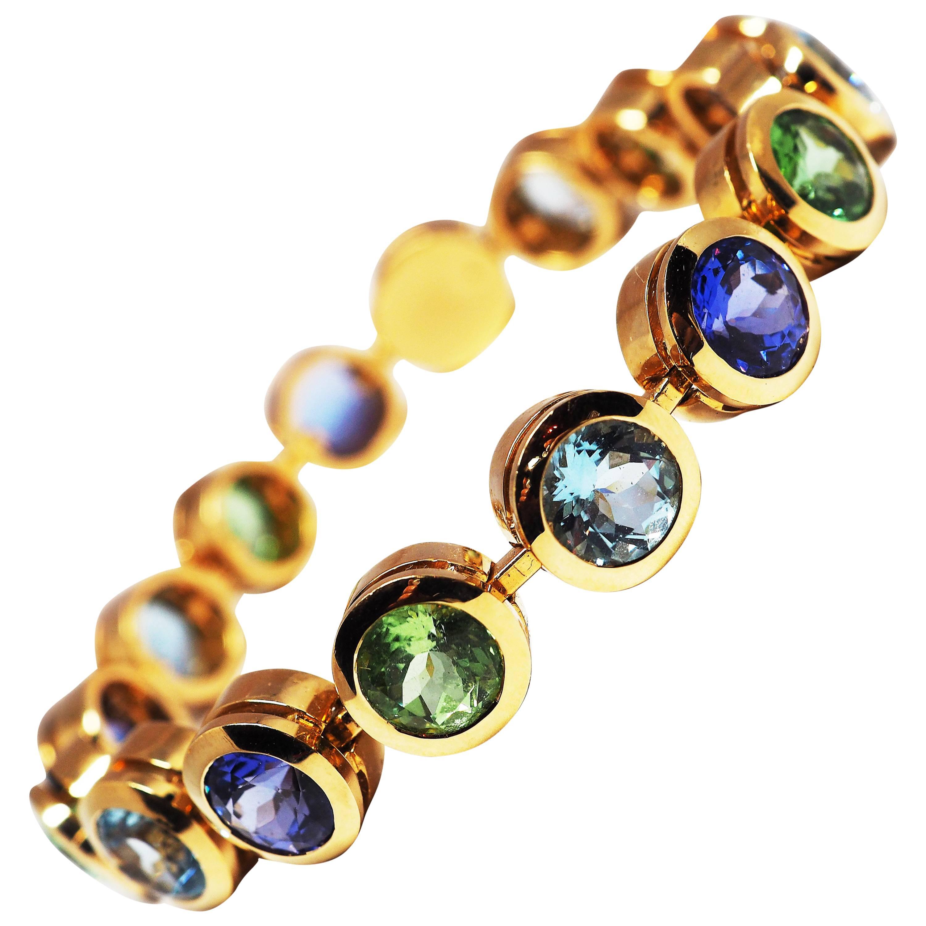 Fine Tanzanite Aquamarine Tourmaline 18K Gold Bracelet