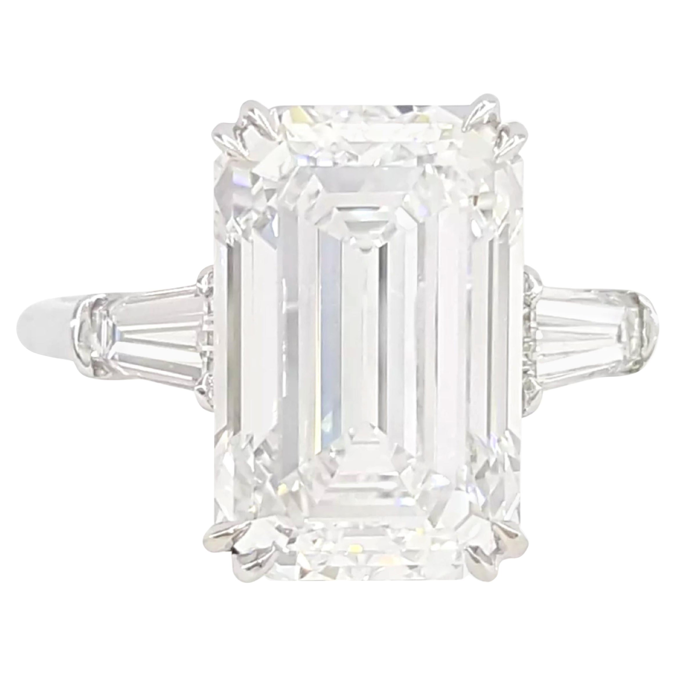 GIA Certified 4 Carat Premium Lenght Emerald Cut E Color Flawless Clarity Ring For Sale