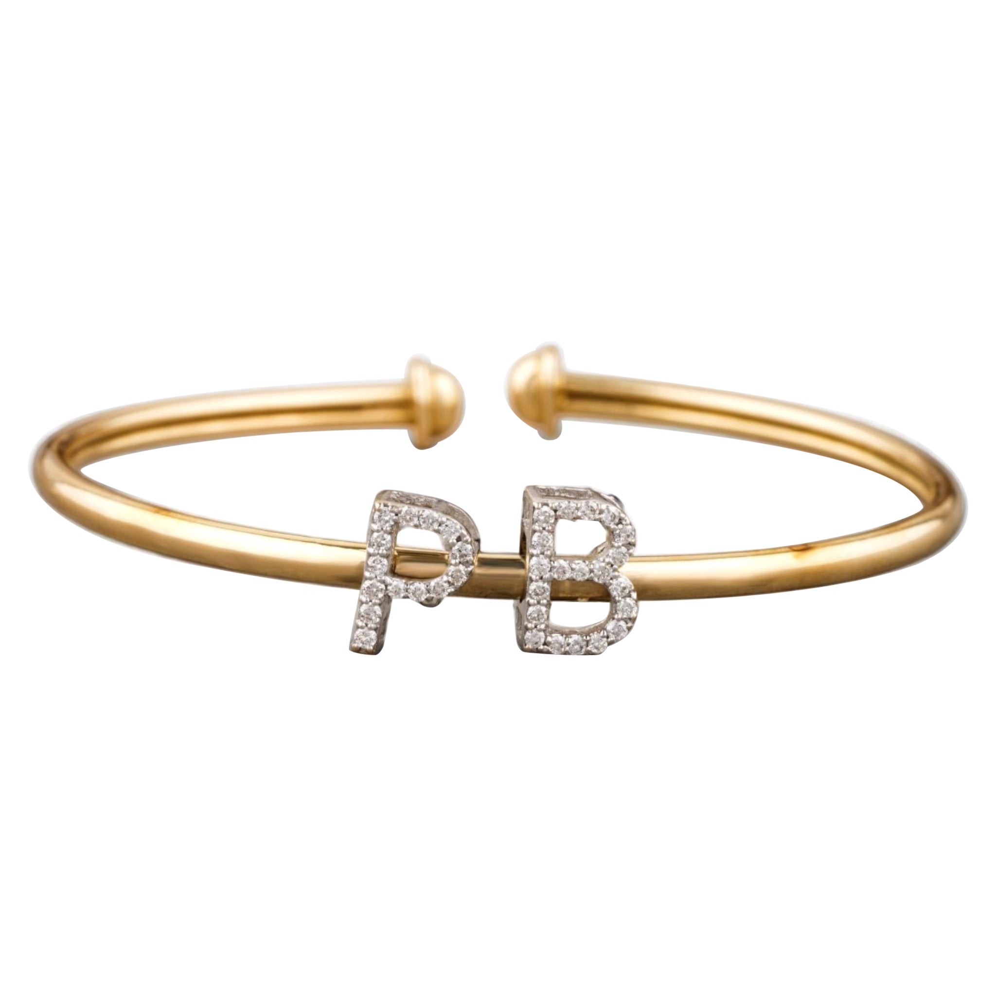 Bracelet manchette ouvert Initials Diamond en or massif 14K (certifié)