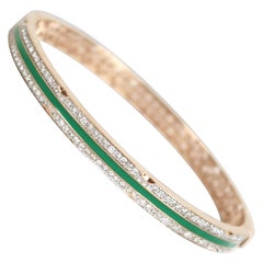 Green Enamel Diamond Bangle Bracelet in 14K Solid Gold (Certified)