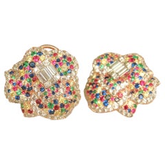 Boucles d'oreilles en or massif 14k (certifié) avec diamants Rainbow Diamonds en forme de fleur