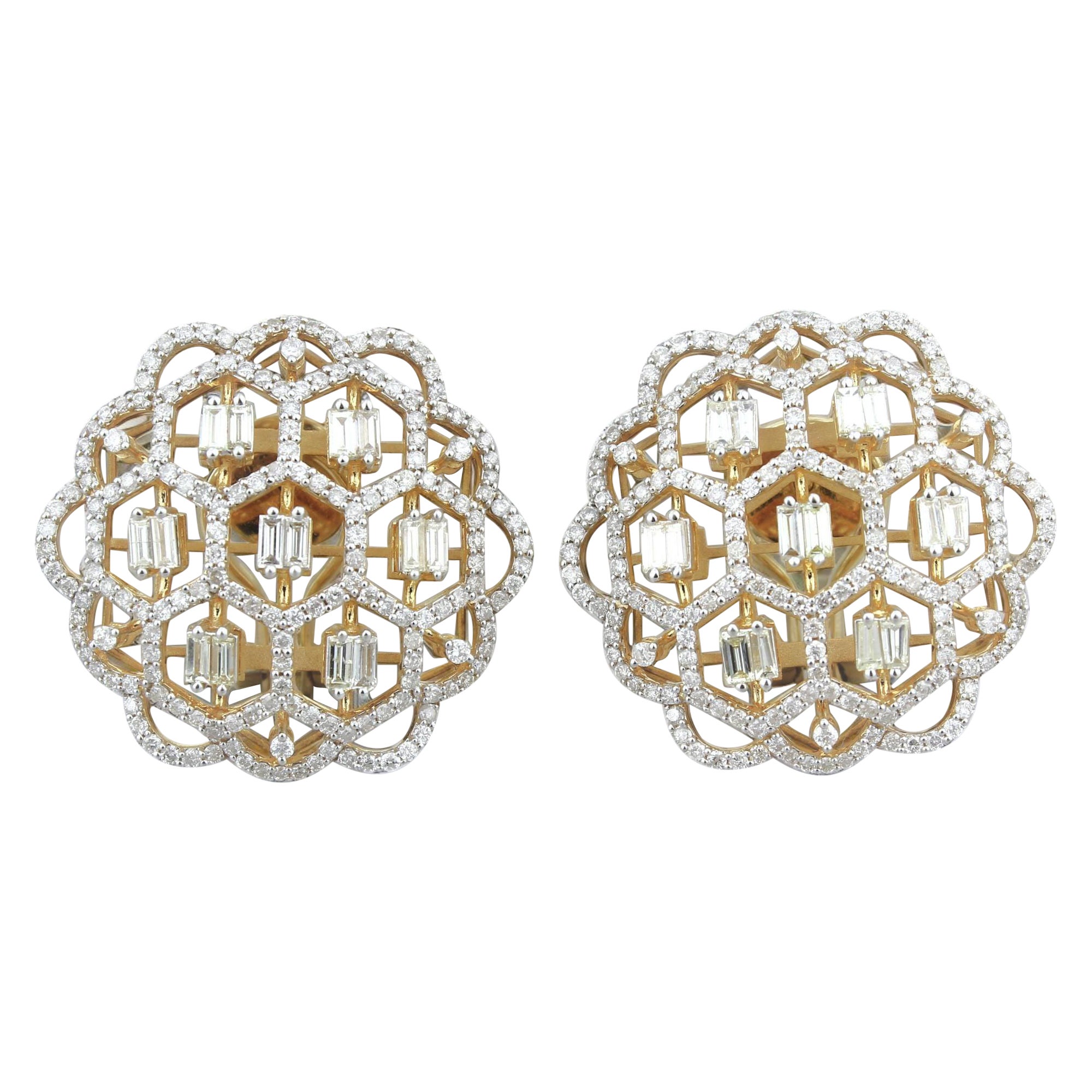 Orecchini con diamanti a reticolo floreale in oro massiccio 14k (certificati)
