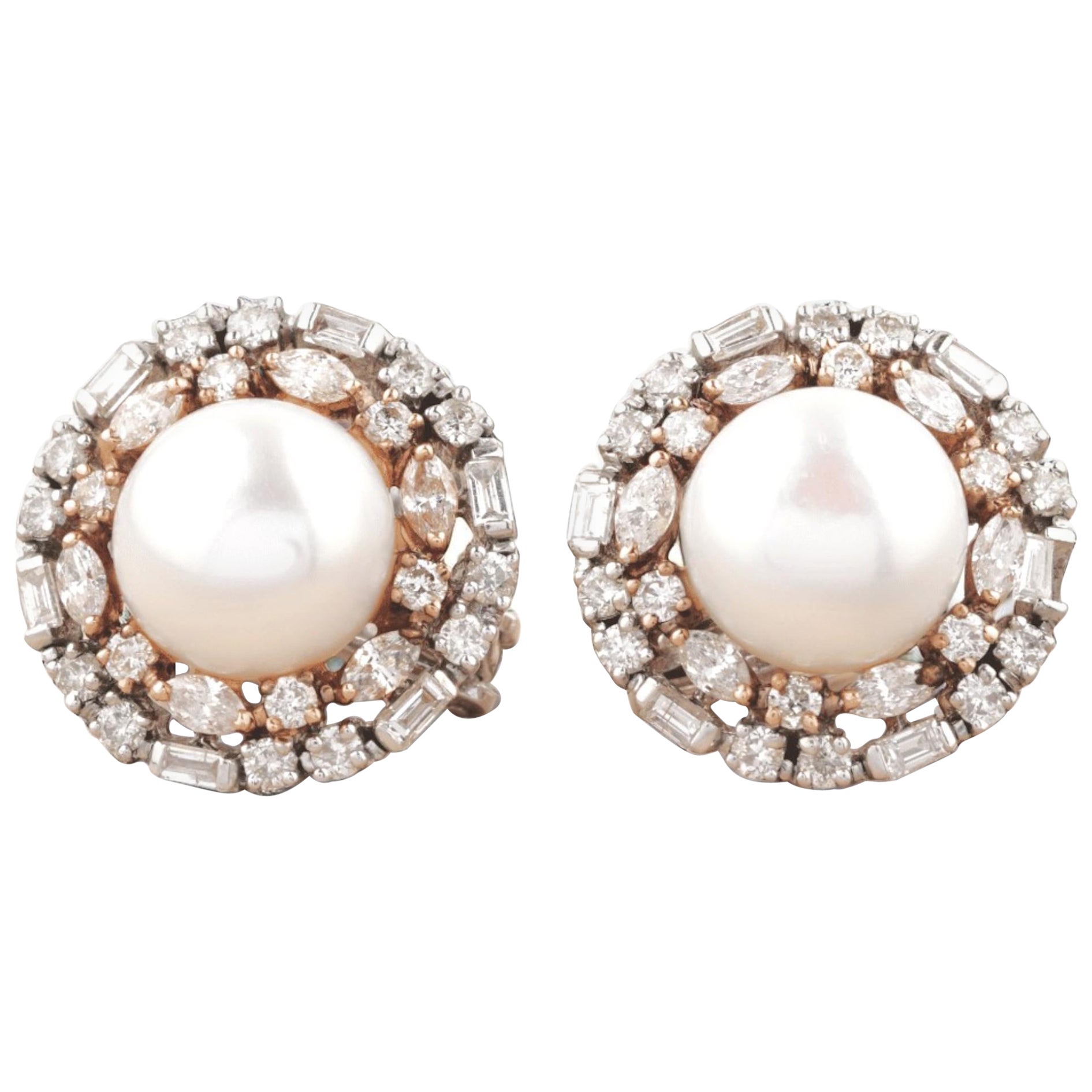 Pearl Fancy Diamonds Halo Stud Earrings in 14K Solid Gold (Certified)