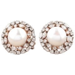 Pearl Fancy Diamonds Halo Stud Earrings in 14K Solid Gold (Certified)