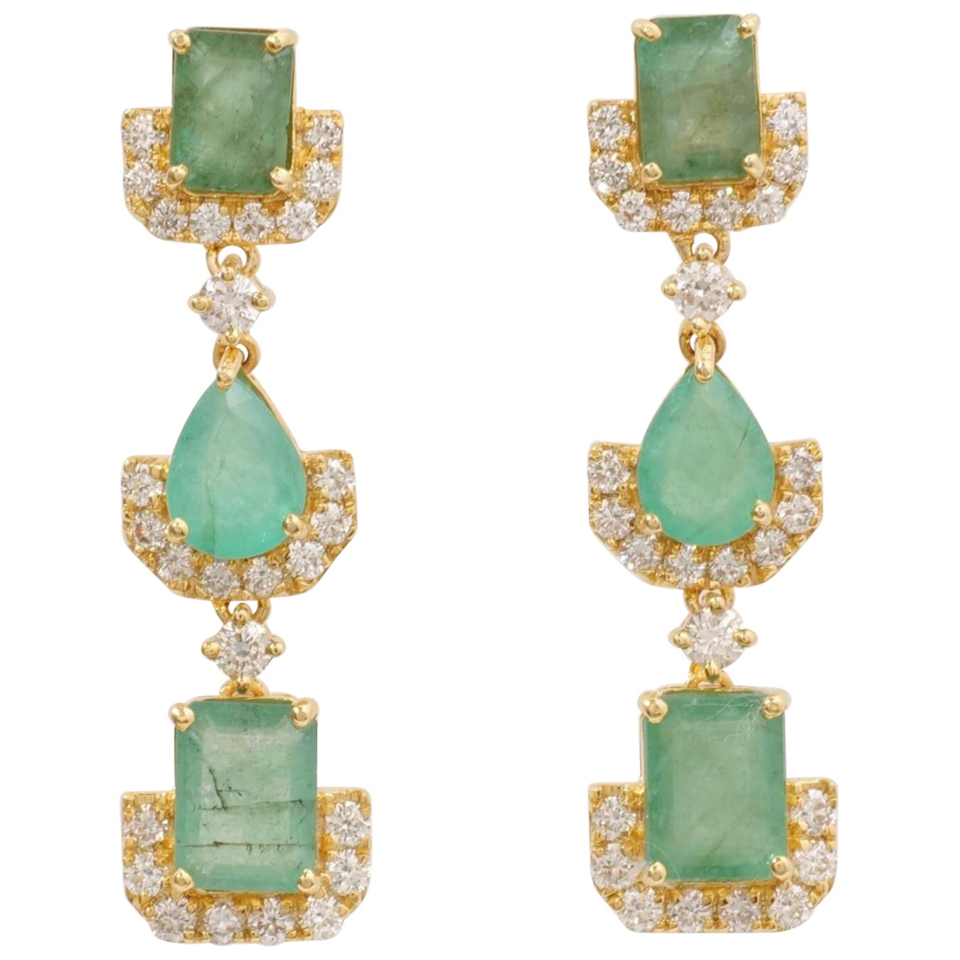 Boucles d'oreilles pendantes en or massif 14K avec diamants et pierres précieuses (certifiées)