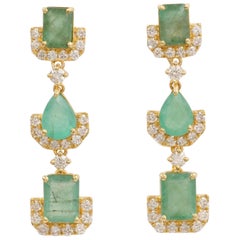 Orecchini a goccia con gemma smeraldo e diamante in oro massiccio 14K (certificati)