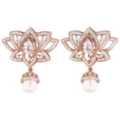 Lotus White Topaz Pearl Gemstone Drop Earrings in 14K Solid Gold (Certified)