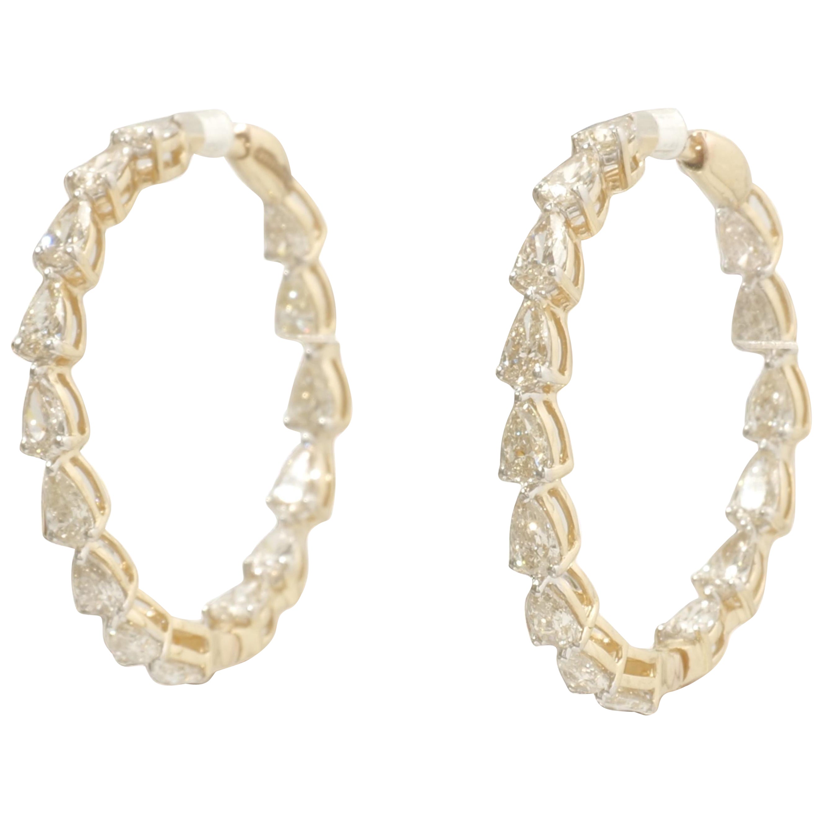 Teardrop Diamond Hoop Earrings in 14K Solid Gold (Certified) For Sale