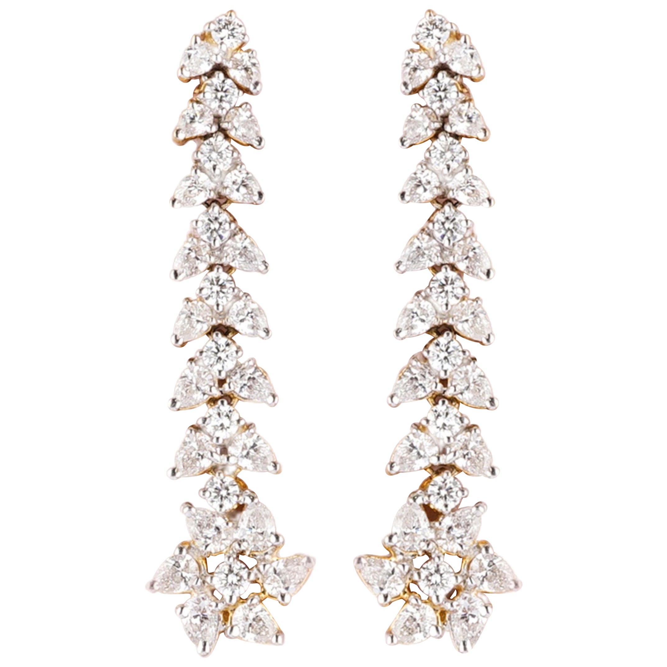 Floral Cluster Diamond Dangle Earrings in 14K Solid Gold (Certified)