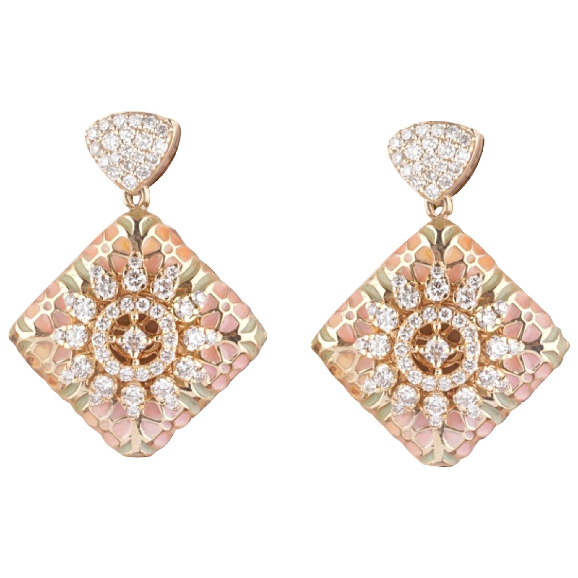 Floral Enamel Square Diamond Dangle Drop Earrings in 14k Solid Gold (Certified)