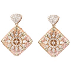 Floral Enamel Square Diamond Dangle Drop Earrings in 14k Solid Gold (Certified)