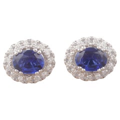 Oval Blue Sapphires Halo Diamond Stud Earrings in 14K Solid Gold (Certified)