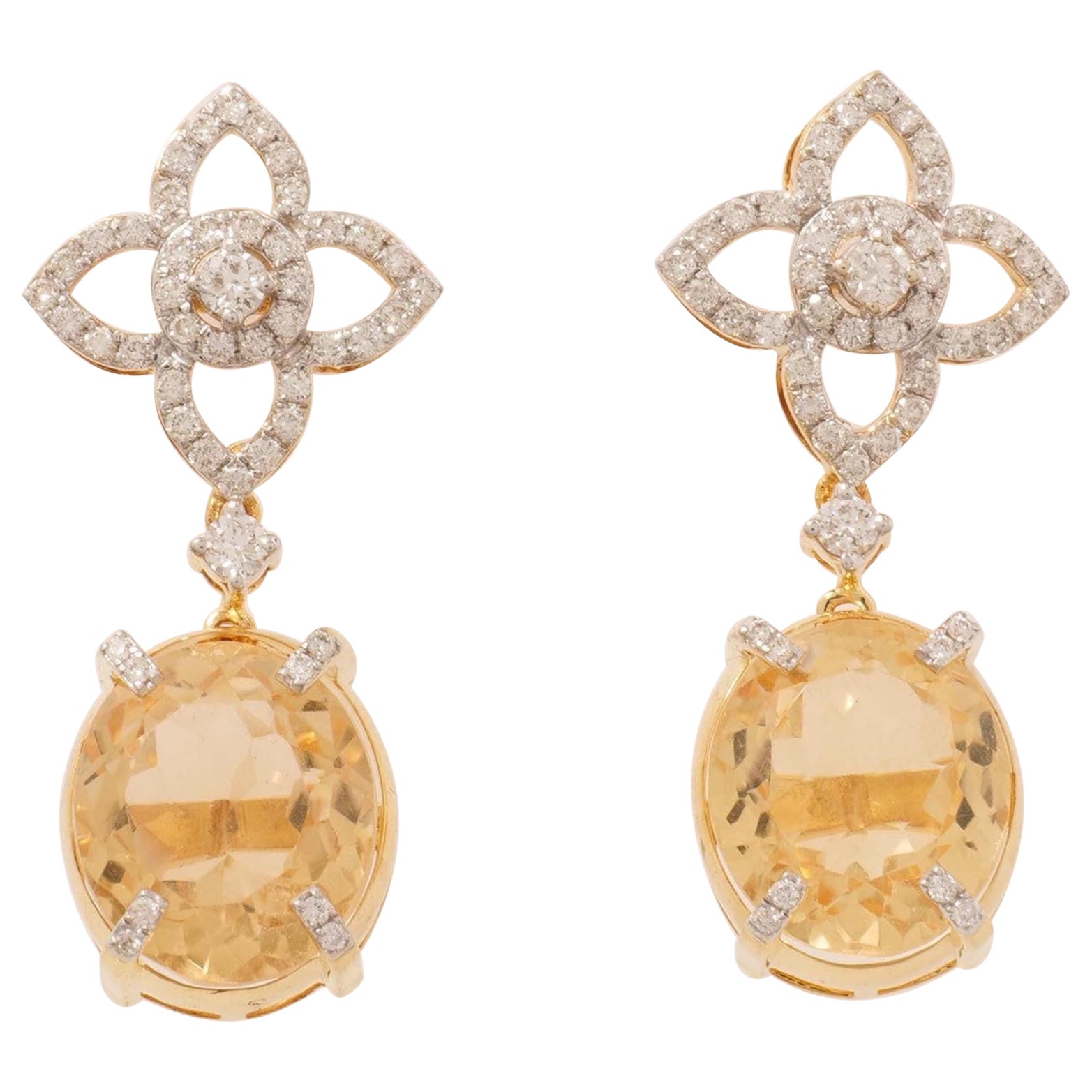 Boucles d'oreilles pendantes en or massif 14k (certifié) avec fleur de diamant et de citrine