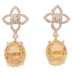 Boucles d'oreilles pendantes en or massif 14k (certifié) avec fleur de diamant et de citrine