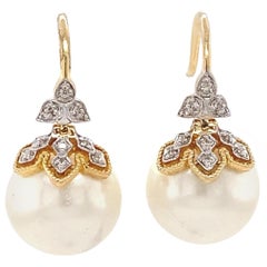 Pendants d'oreilles en or massif 14K avec perles florales et diamants (certifiés)
