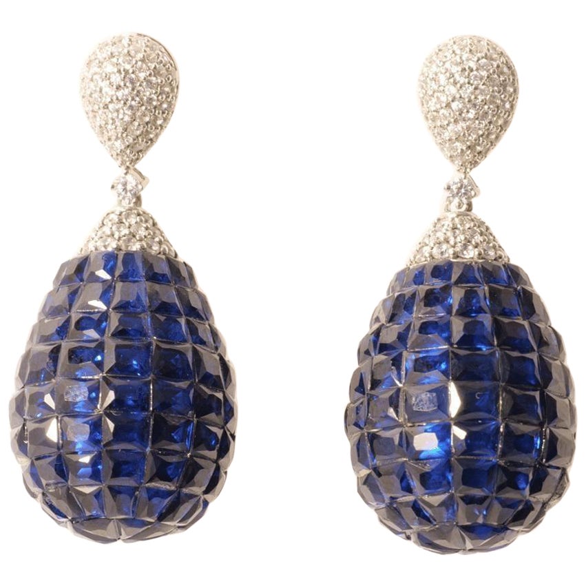 Pendants d'oreilles saphir bleu et diamant en or massif 14k (certifié)
