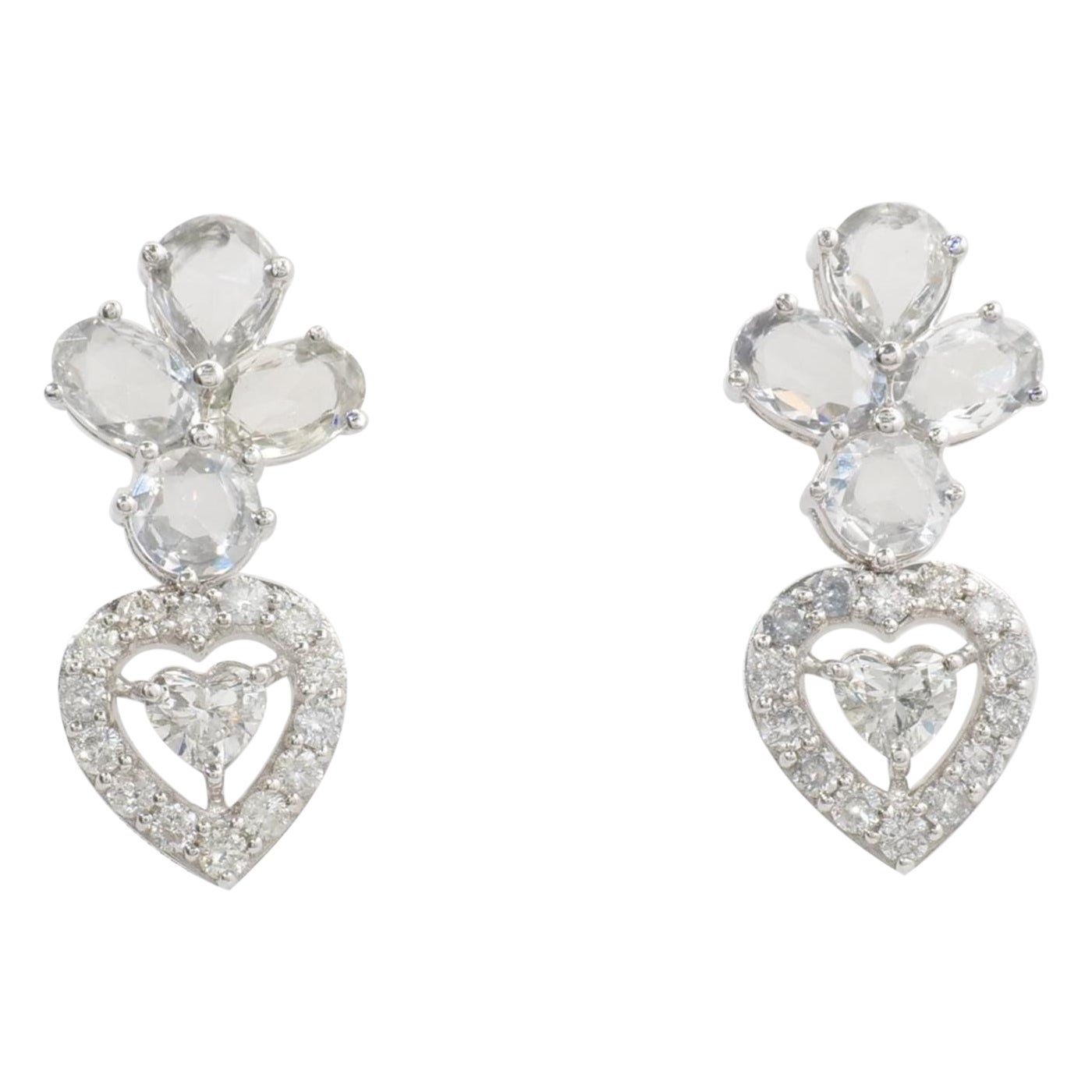 Boucles d'oreilles en or massif 14k (certifié) avec halo de diamants en forme de cœur floral