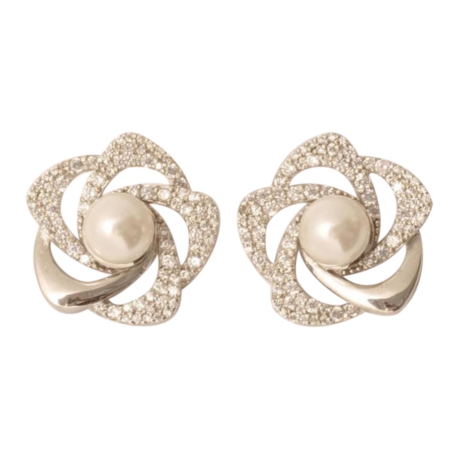 Floral Pearl Diamond Earrings in 14K Solid Gold (Certified)