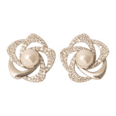 Floral Pearl Diamond Earrings in 14K Solid Gold (Certified)