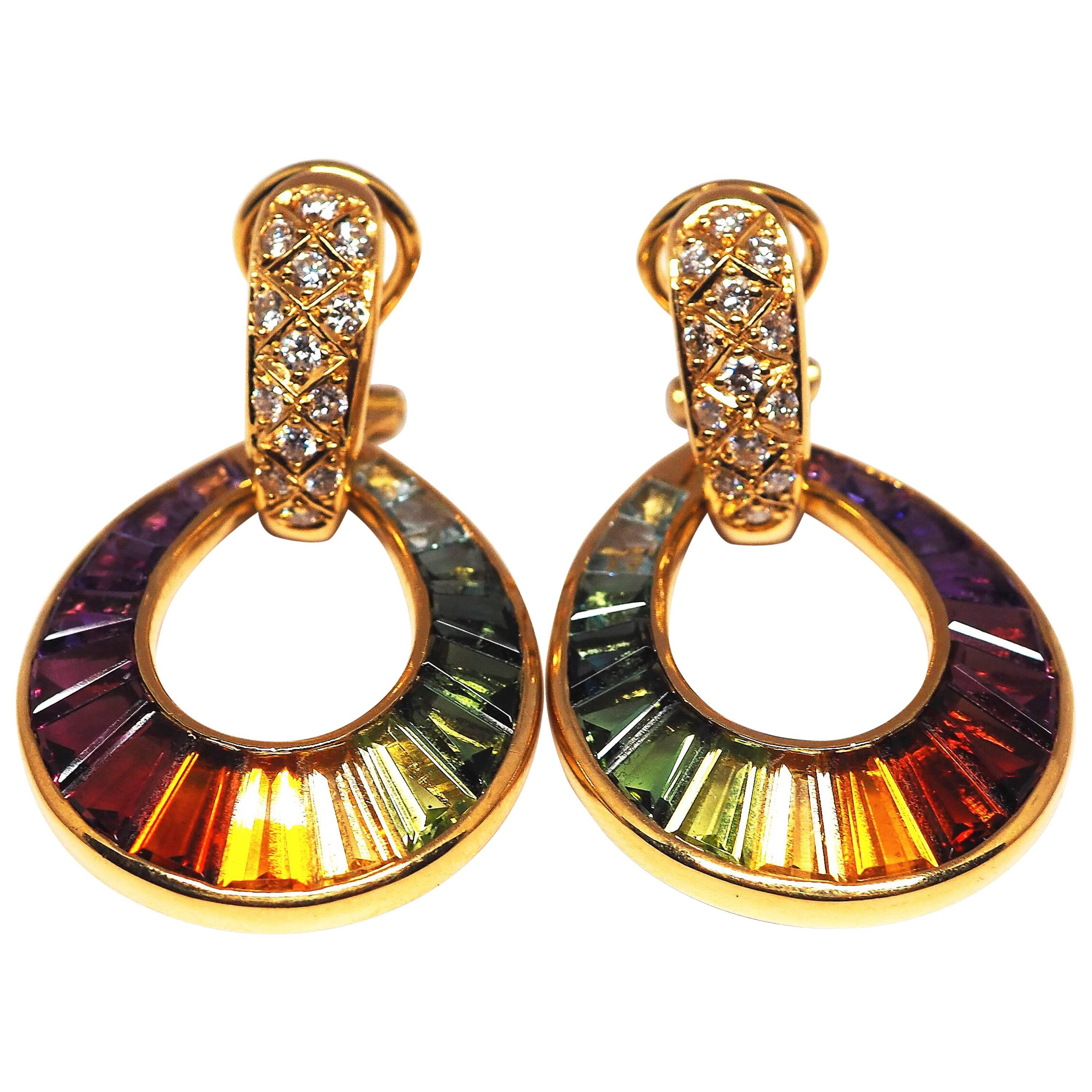 Fine Multi-Coloroured Rainbow Gemstones  18K Yellow Gold Earrings
